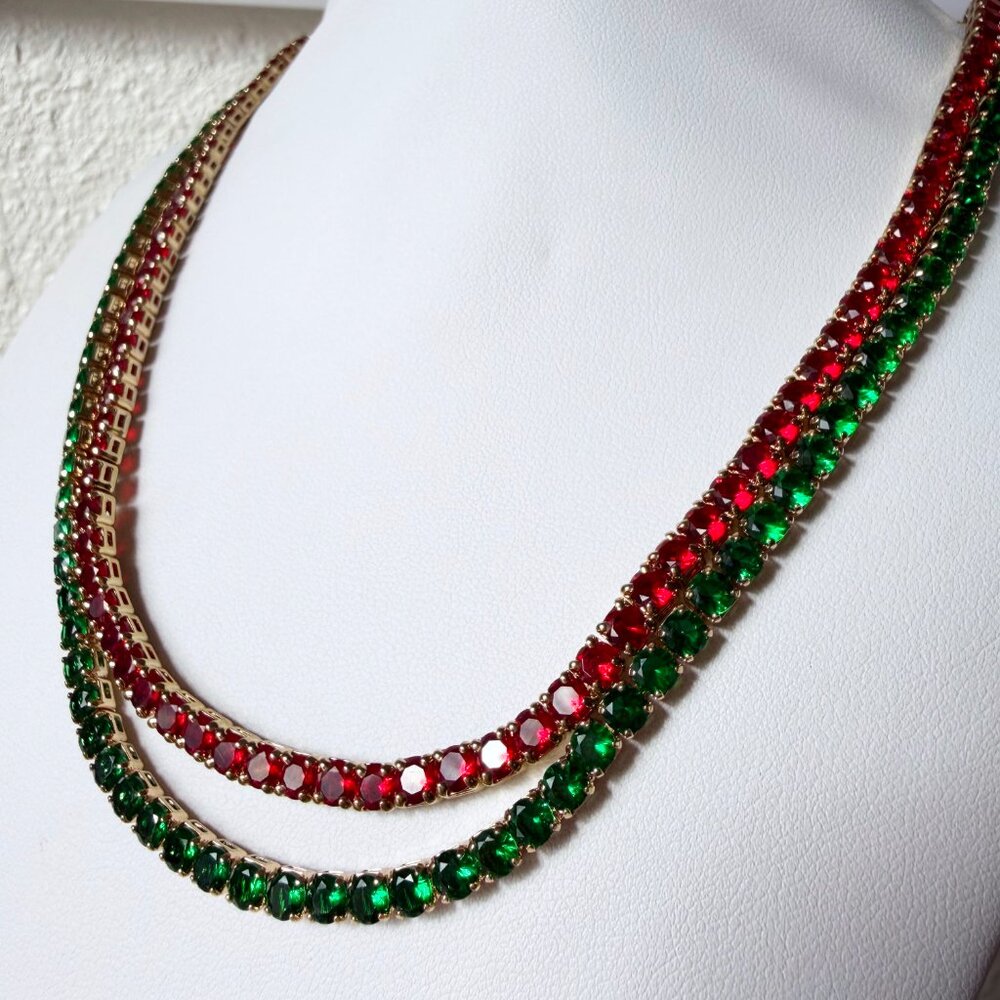 Set of 2 Vintage Rhinestone Line Tennis Necklaces - Ruby Red & Emerald Green